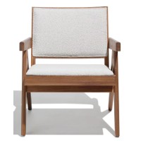 Poltroncina Compass con braccioli in legno di teak e tessuto bouclé
